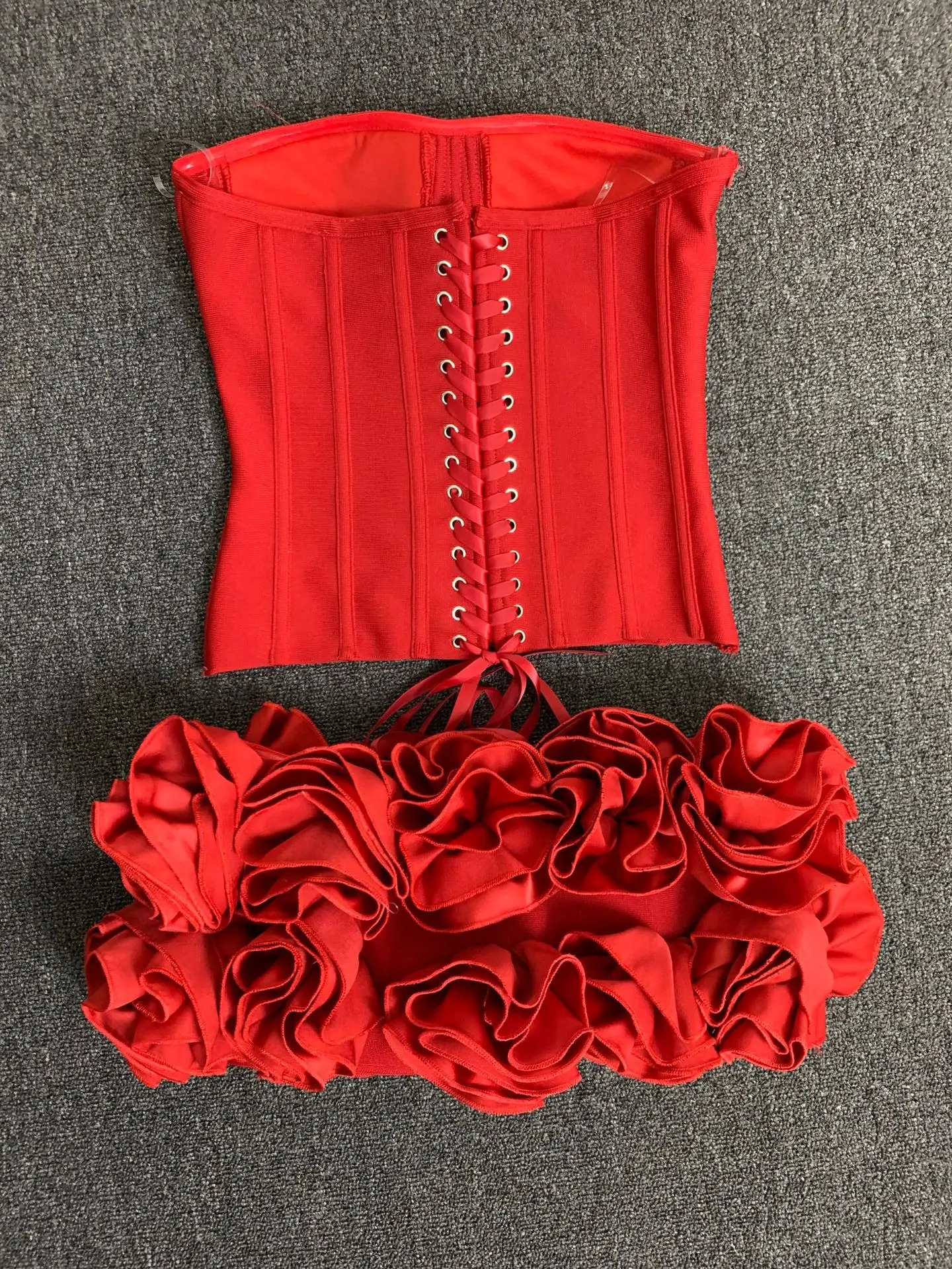 Womens Red Bodycon Mini Bandage Outfits Club Party Strapless Laced Up Back Tops And Short Skirts Two Piece Sets Nightwears 250303
