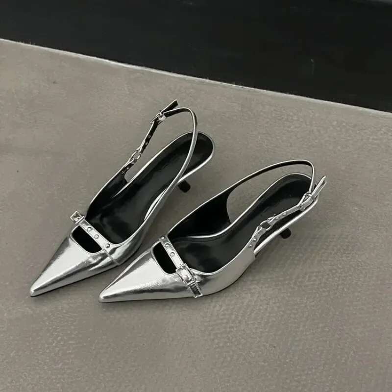 Sgback Sandals Fashion Women Med Heels Pumps Rivet Shoes Elegant Pointed Toe Female Mules Dress Slides Denim Sandalias