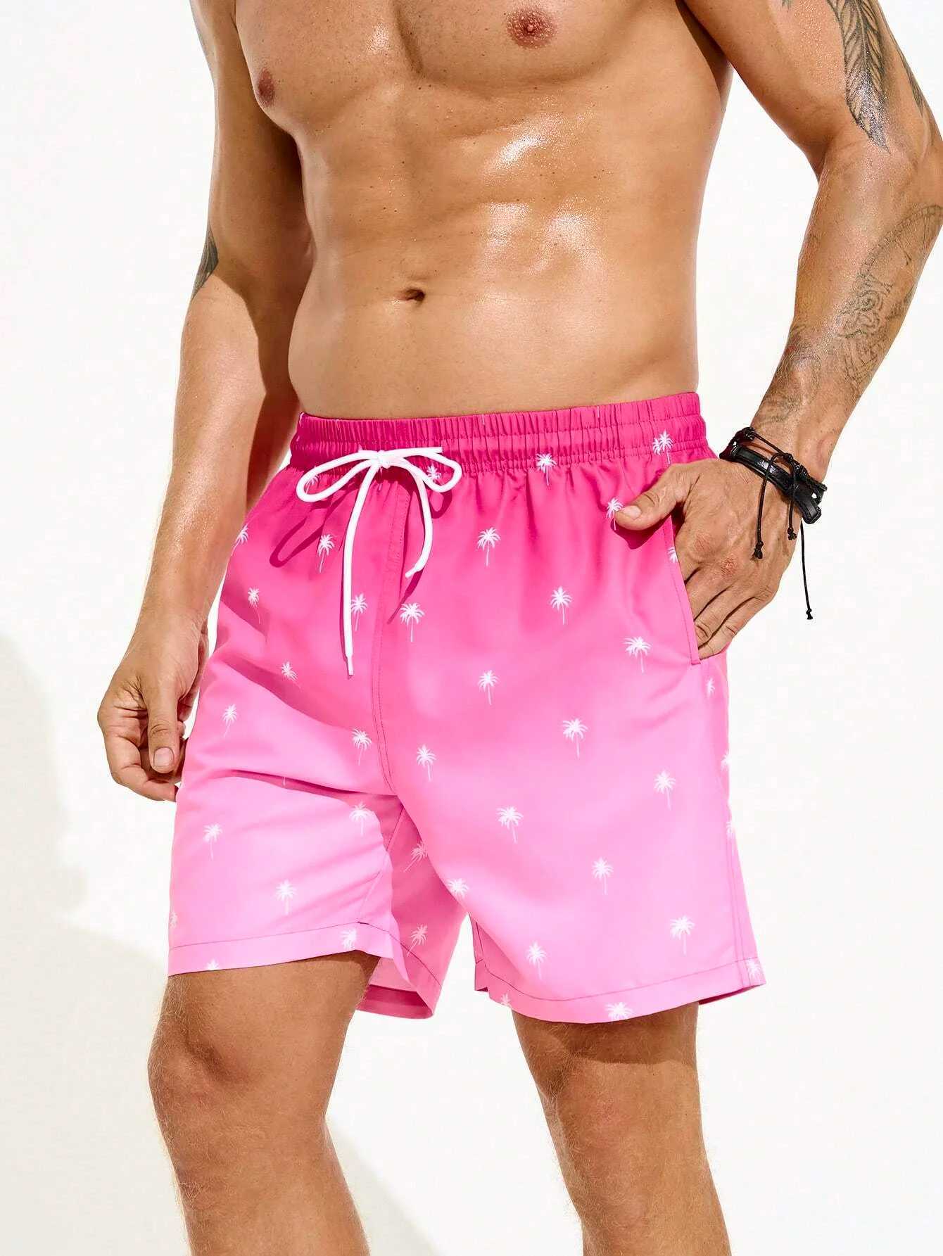 Summer Mens Beach Short Coconut Tree Drawstring Mens swim Trunks Elastic Waist 3D Print Gradient Breathable Short StreetwearT250304