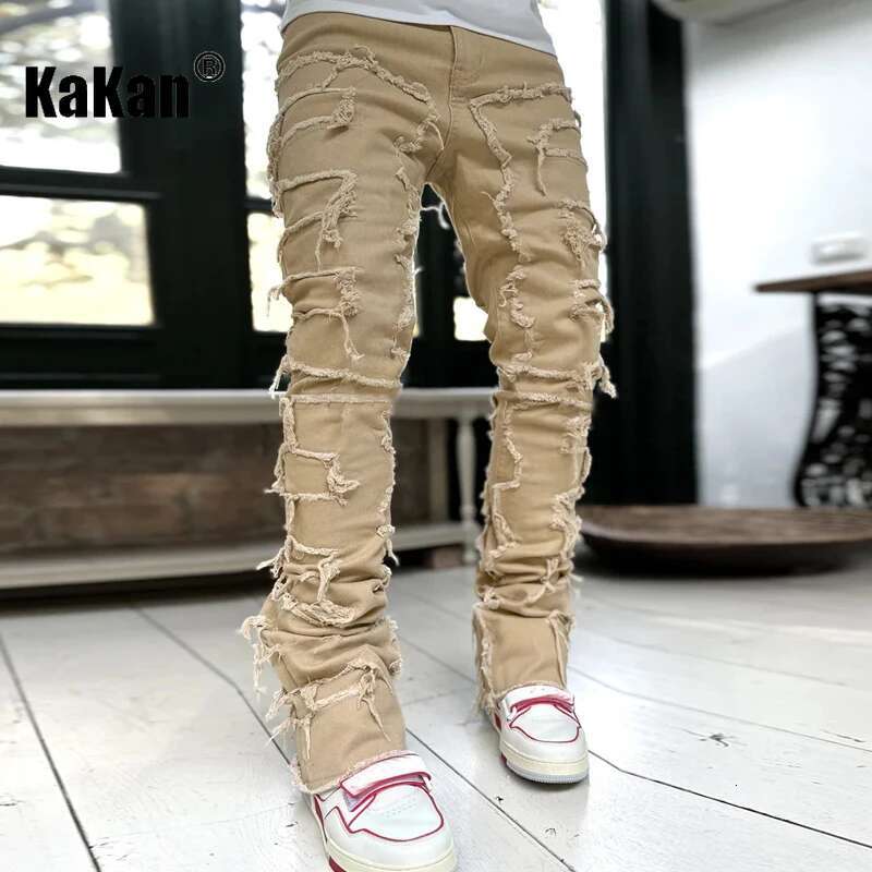 Kakan - New European And American Heavyweight Streetwise Stretch Patch Jeans For Men, High Street Straight Fit Long Jeans16-3001