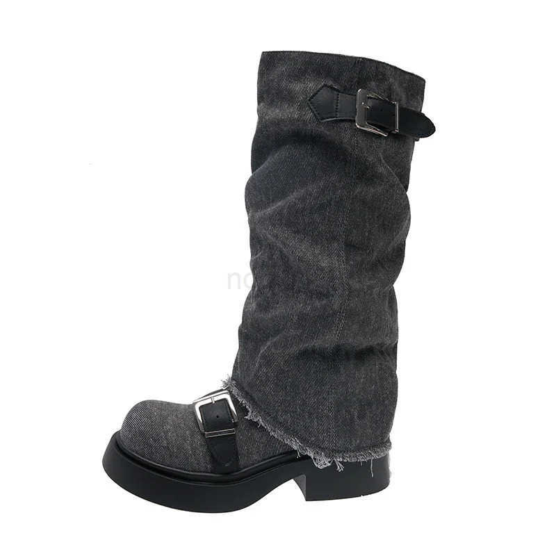 Mid-calf Square Heel Modern Boots Winter Denim Ladies Shoes 2024 High Quality Slip-on Mid Hee Round Toe Belt Buckle Boots Z250304