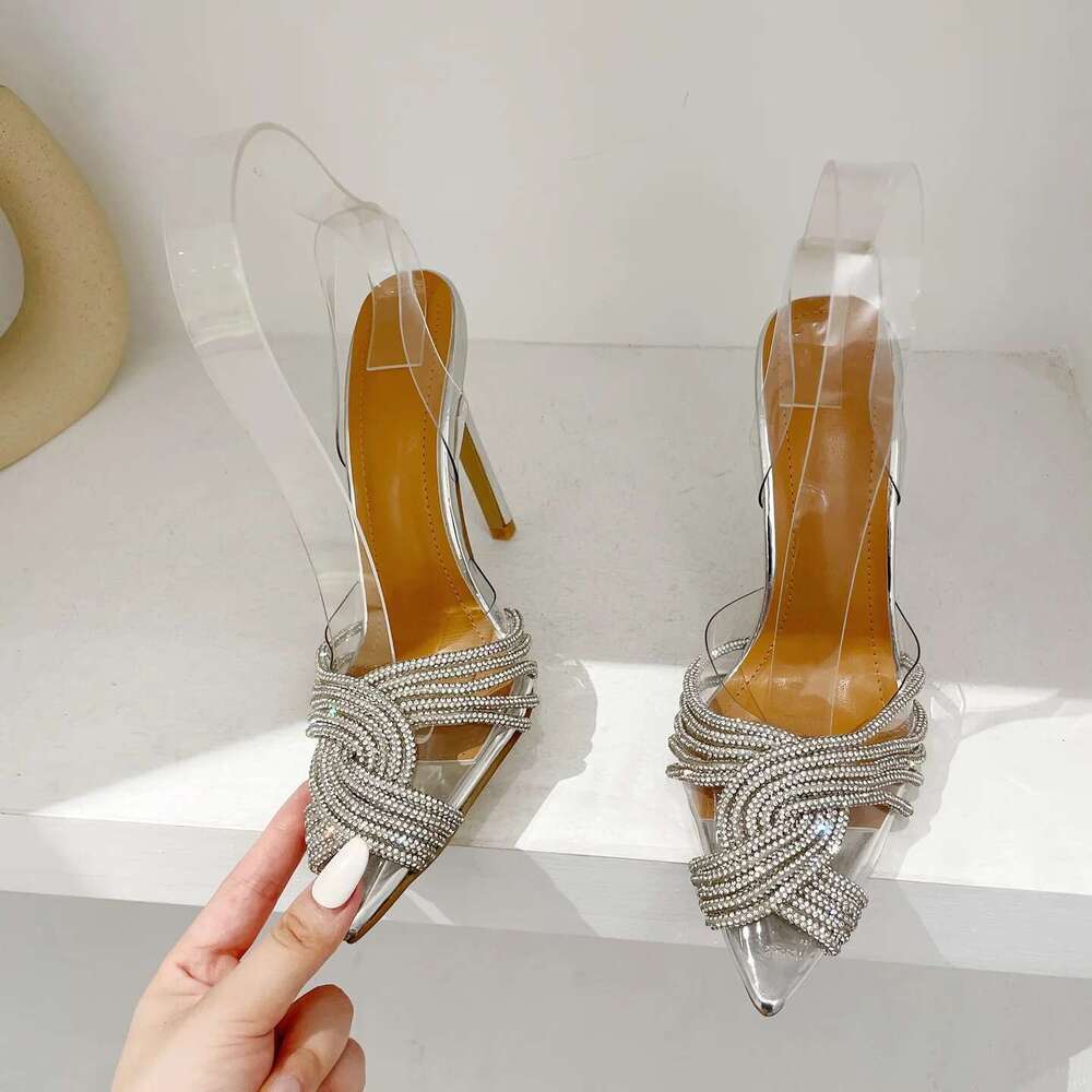 Bg Rhies Sexy Narrow Band Cross Stiletto Sandals Women Pumps Pointed Clear PVC Back Strap High Heels Club Banquet Shoe