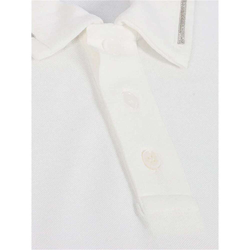 Women 100% Cotton T-Shirt Beading Chain Turn-Down Collar Simple 2 Colors Female Casual Tshirts
