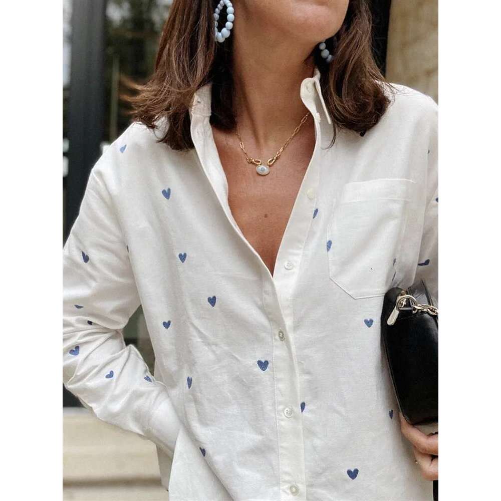 Blue Heart Shape Embroidered Women White Shirt Turn-Down Collar Ladies Long Sleeve Elegant Blouse And Top