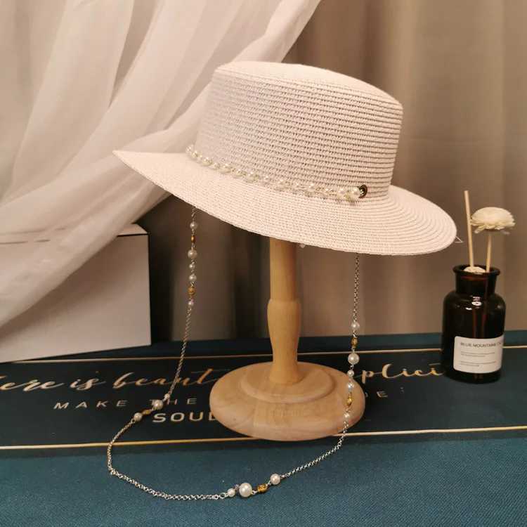 2023 Summer Elegant Pearl Chain Flat Sun Hats for Women Cheau Feminino Str Hat Panama Wide Brim Anti-UV Beach C Girl HatXJ250304