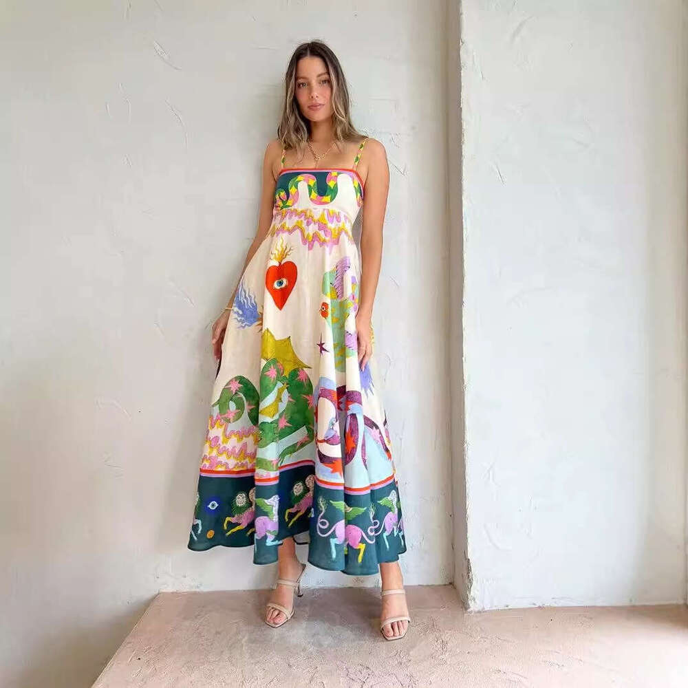 casual long women's suspender printed en 9-color large swing dress 2025 new style chic and elegant clothing