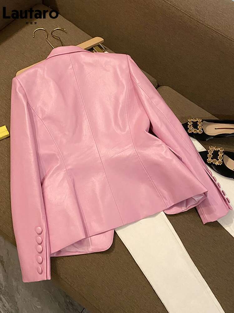 Spring Stylish Short Pink Soft Pu Leather Blazer Long Sleeve Slim Fit Jackets For Women Elegant Fashion 5Xl