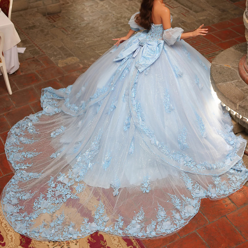 Sky Blue Shiny Quinceanera Dresses Ball Gown Off The Shoulder Applique Lace Beads Corset Tull Party Birthday Sweet 16 Vestidos 15 De Anos
