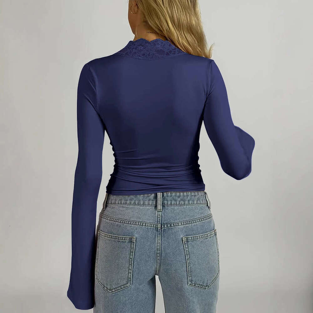 New fashionable V-neck base shirt sexy spicy girl long sleeved slim fit patchwork lace top for women