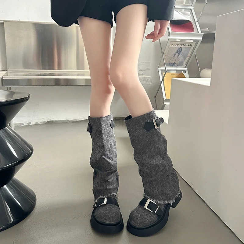 Mid-calf Square Heel Modern Boots Winter Denim Ladies Shoes 2024 High Quality Slip-on Mid Hee Round Toe Belt Buckle Boots Z250304