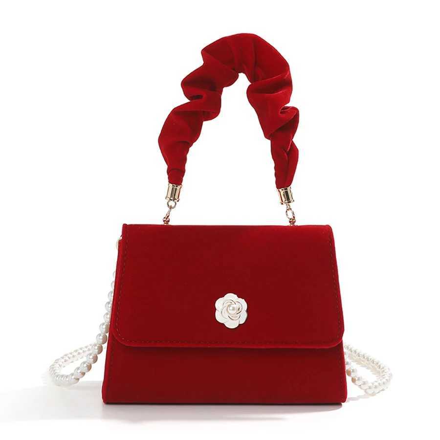 Velvet red handbag wedding party dinner bag pleated handmade pearl chain lingerie bag red bridal cross body bag Z250303
