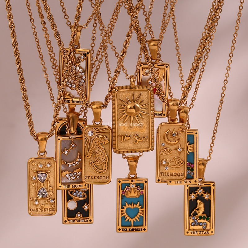Non Tarnish Stainless Steel Square Tarot Card Pendant Necklace 18k Gold Chain Charm Sun Moon Crown Necklaces Women Girls Fashion Fine Jewelry