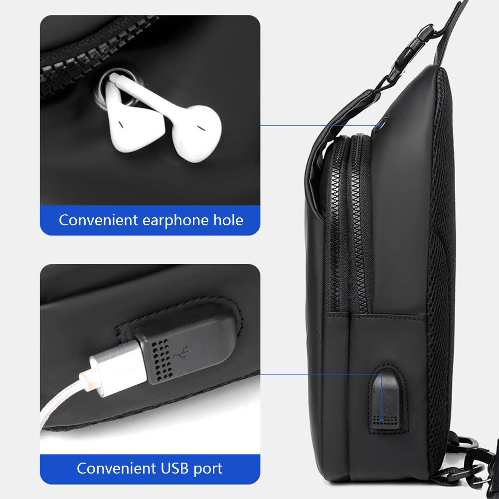 Men Chest Pack Waterproof Oxford Male Bag USB Charging Port Cell Phone Purse Zipper Pocket Headphone Hole for Sport Travel 250227
