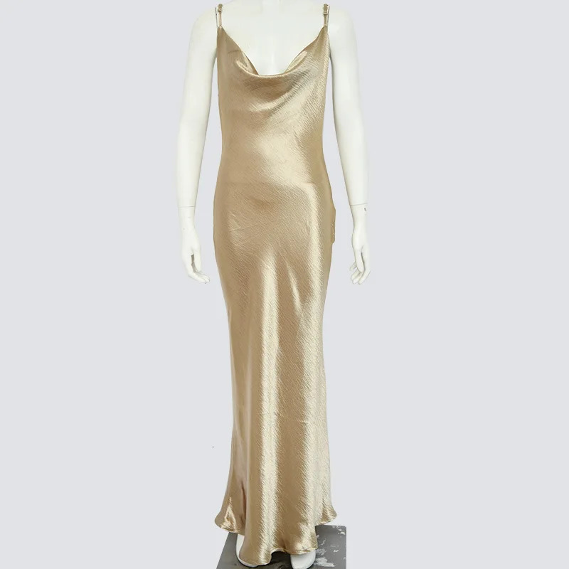 Sexy Spaghetti Strap Backless Summer Women Gold Satin Lace Up Long Dress Elegant Bodycon Party Club Dresses 250303 C260311