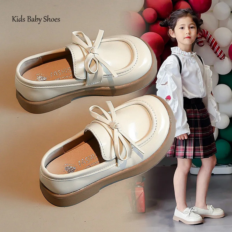 Girls Black Small PU Leather Shoes Beige SpringAutumn Style Soft Bottom Princess Bow Cushion Slide Up Apartment Size 2335 250303