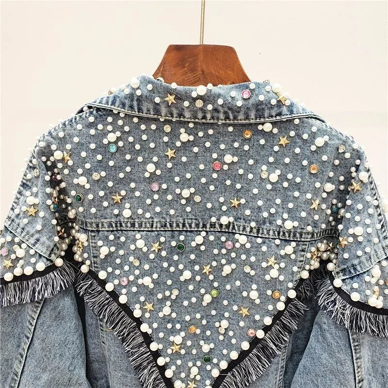 Women Spring Autumn Streetwear Denim Jacket Handstudded Pearls Punk Tassel Vests Femme Loose Short Jeans Coats 250303