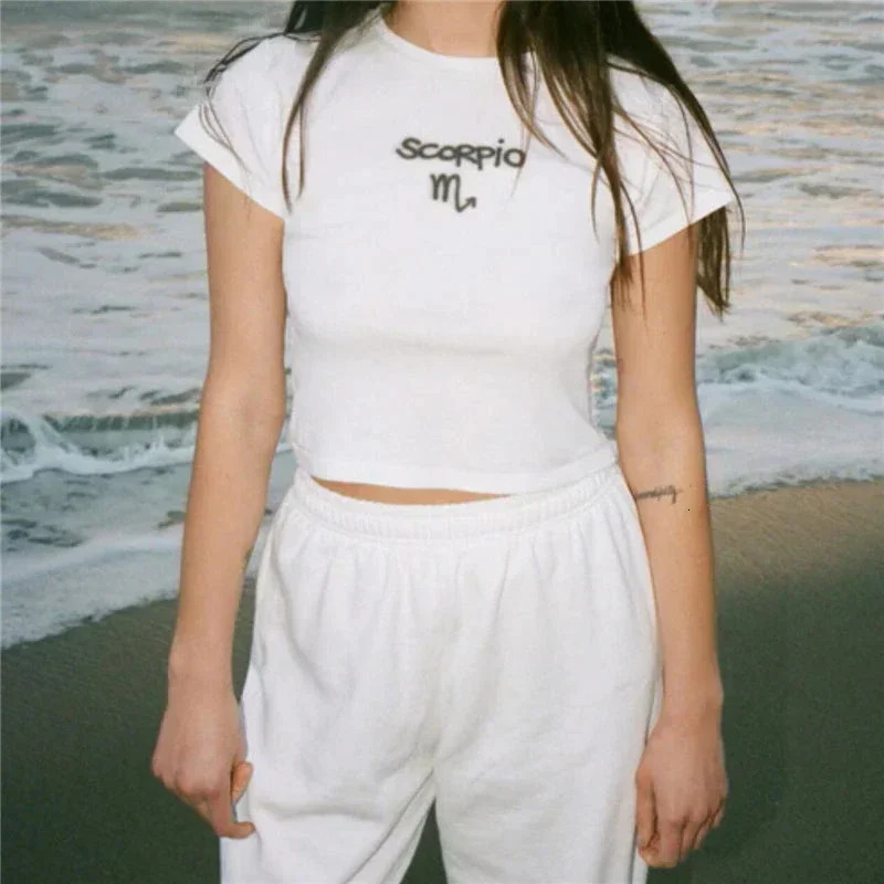 Y2K Baby Tshirt Slim Zodiac Sign Fitted Cropped Ribbed crop top Cute Kawaii Tee Sexy Cap Sleeve Summer fairy grunge emo 250228