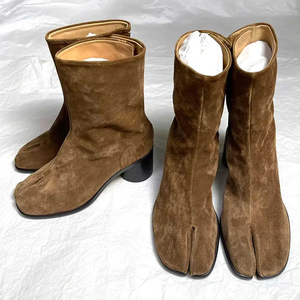 2025 Brand New Autumn Winter Brown Split toe Chunky High H Boots Wen Shoes Chic Black Modern nkle Booties Z250304