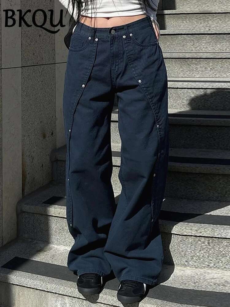 BKQU Fashion Straight Wide Leg Pants Women Baggy Jeans 2024 New American High Waist Irregular Rivets Design Wash Denim Trousers