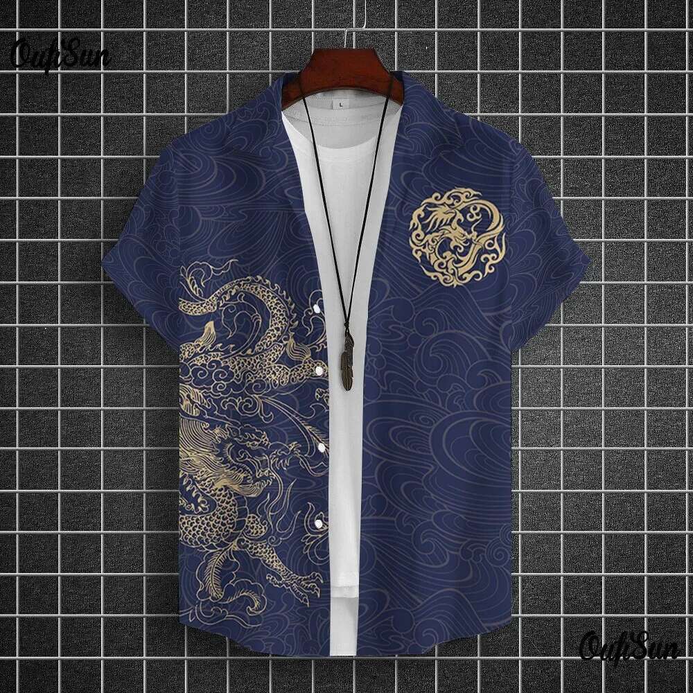 2025 Summer New Dragon Totem Designer 3D Printed Short Sleeve Shirt Large Loose Fashion Men's Top 2025 Beach Breathable Comfortable Shirt