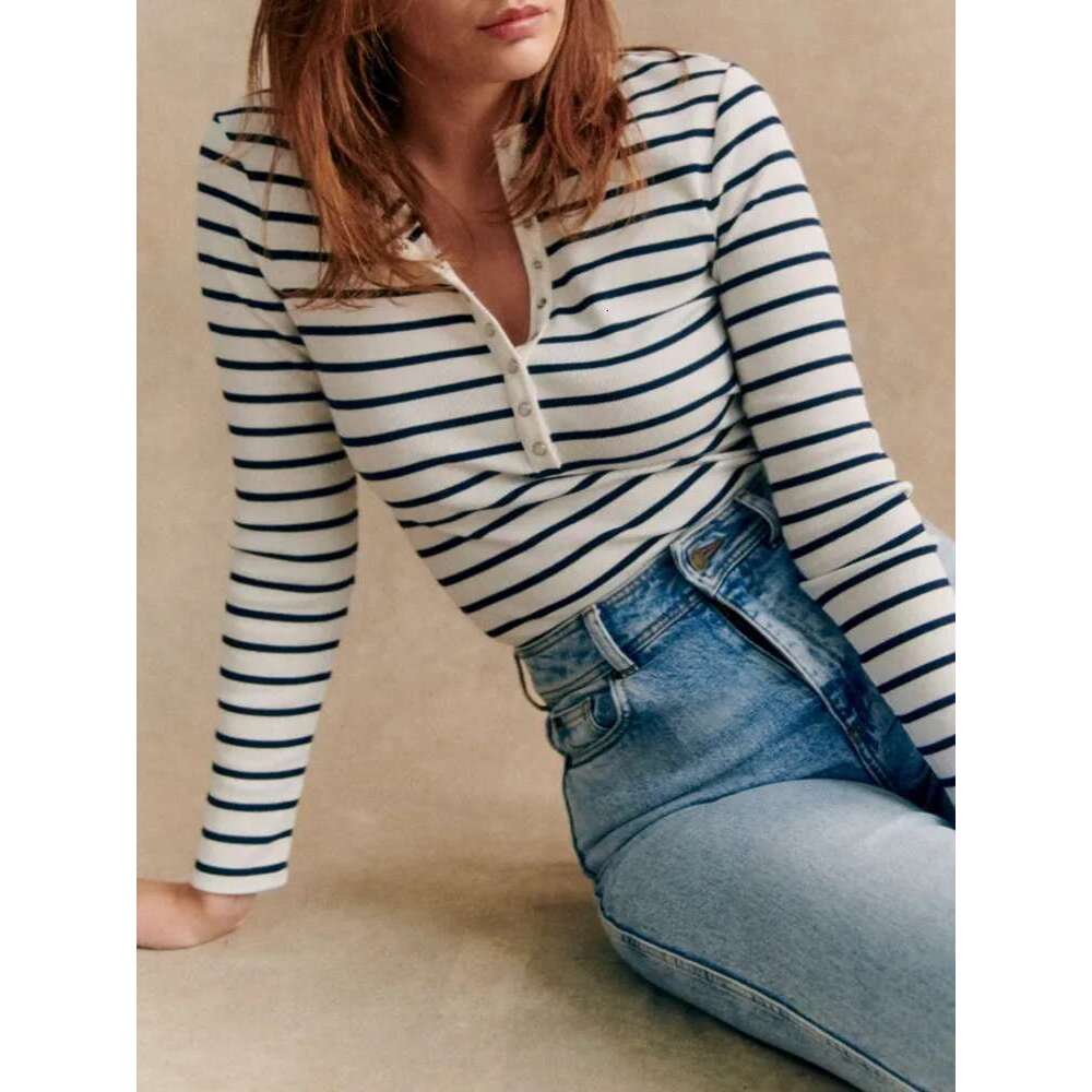 Women Stripes Or Black Slim Stretch T-Shirt 2025 Spring Fall Female Round Neck Tee Half Open Buttons Long Sleeve Tshirts