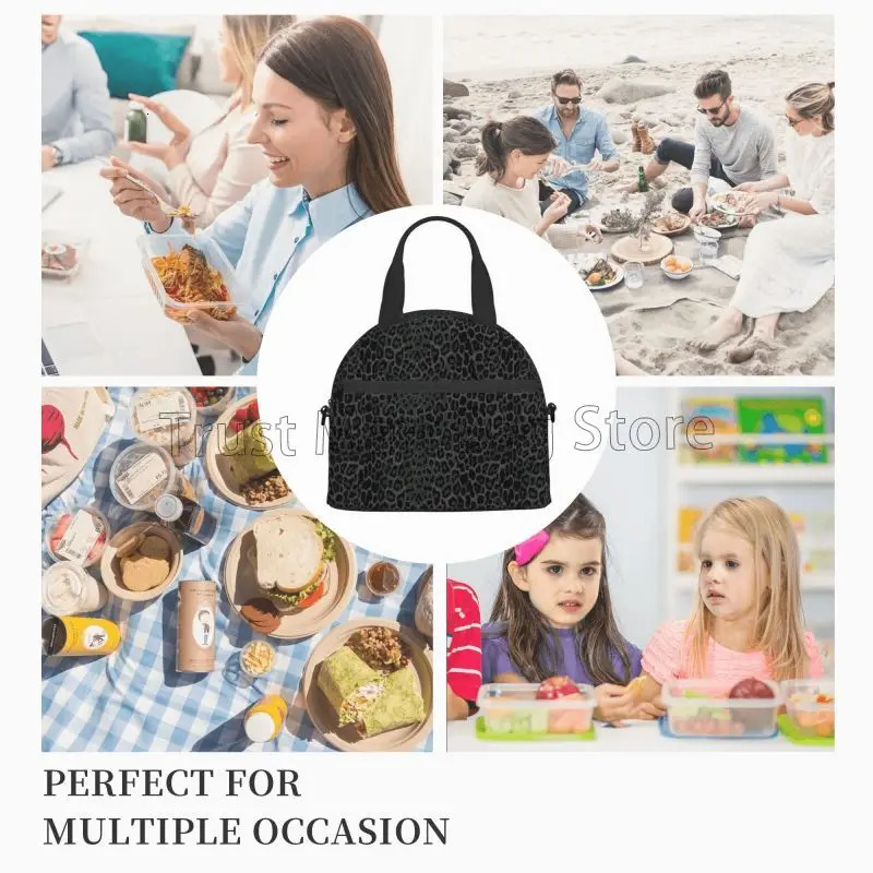 Black Leopard Print Lunch Bag Insulated Reusable Bento Tote for Women Thermal Cooler Bag with Adjustable Strap for Work Travel 250228
