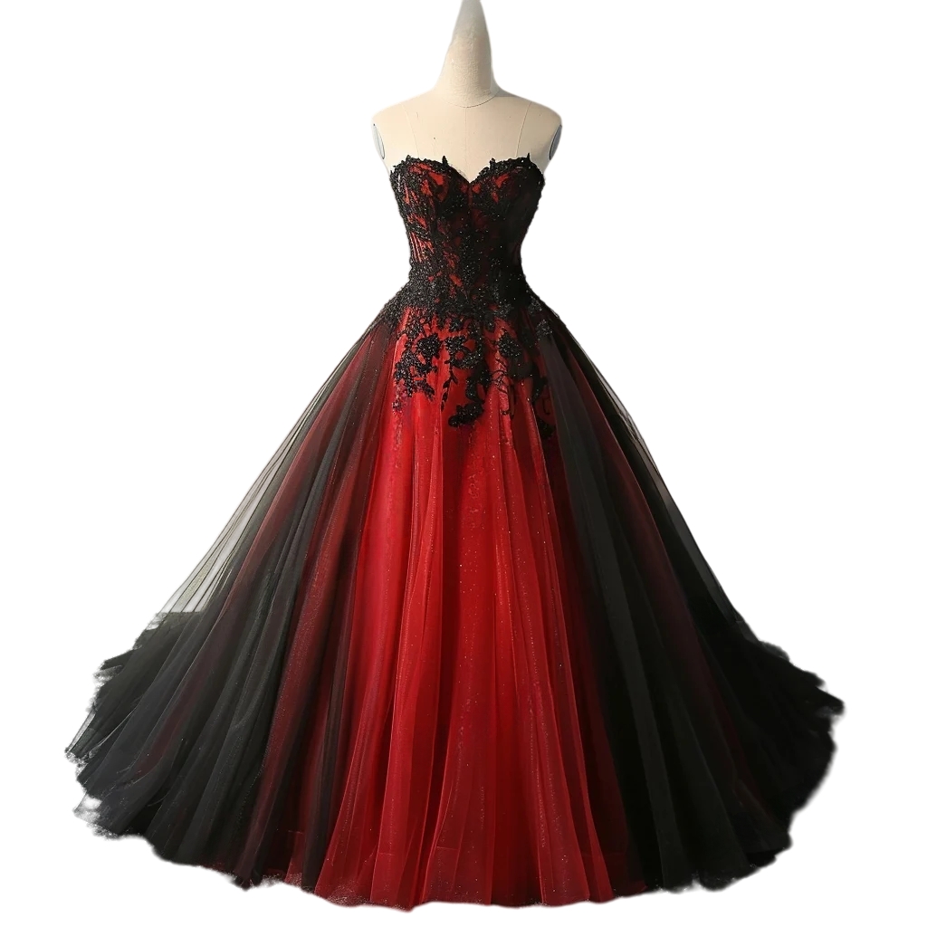 Vintage A-Line Gothic Wedding Dresses Black And Red Tulle Bridal Gowns Lace Appliques Long Vestido De Novia Back Lace-Up