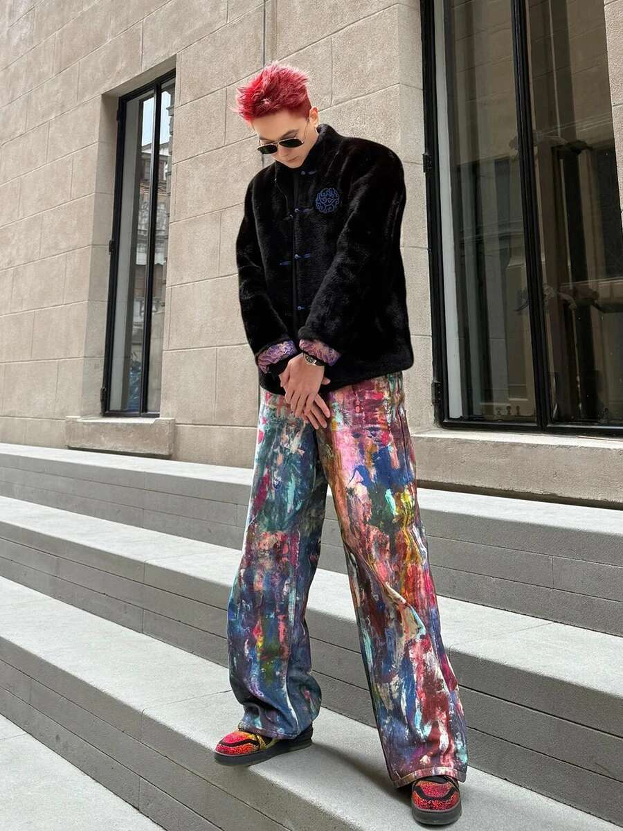 REDDACHIC Colorful Graffiti Baggy Jeans Men Wash Do Old High Waist Loose Straight Wide Leg Denim Pants Casual Vintage Streetwear