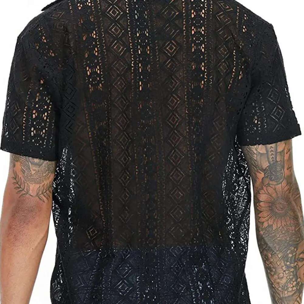 Summer New Transparent Shirt Summer Top Designer Hollowed Out Collar Cardigan Wool Sweater Short Sleeved Daily Wear Loose And Breathable T-shirt Men&#