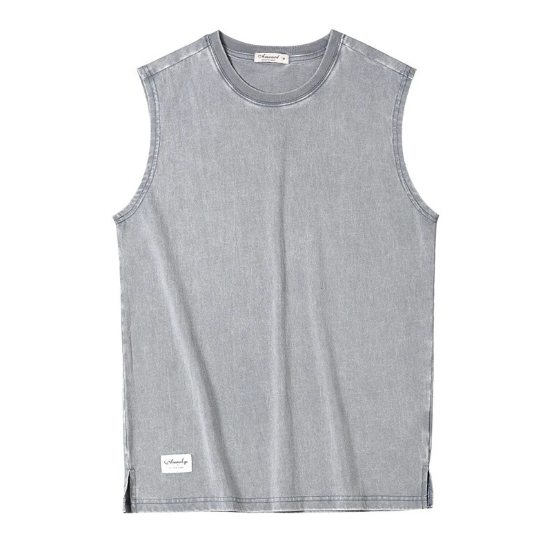 Summer American Retro Sleeveless O-neck Soild Color T-shirt Mens Fashion 100% Cotton Washed Old Casual Sports Vest Tops 250304