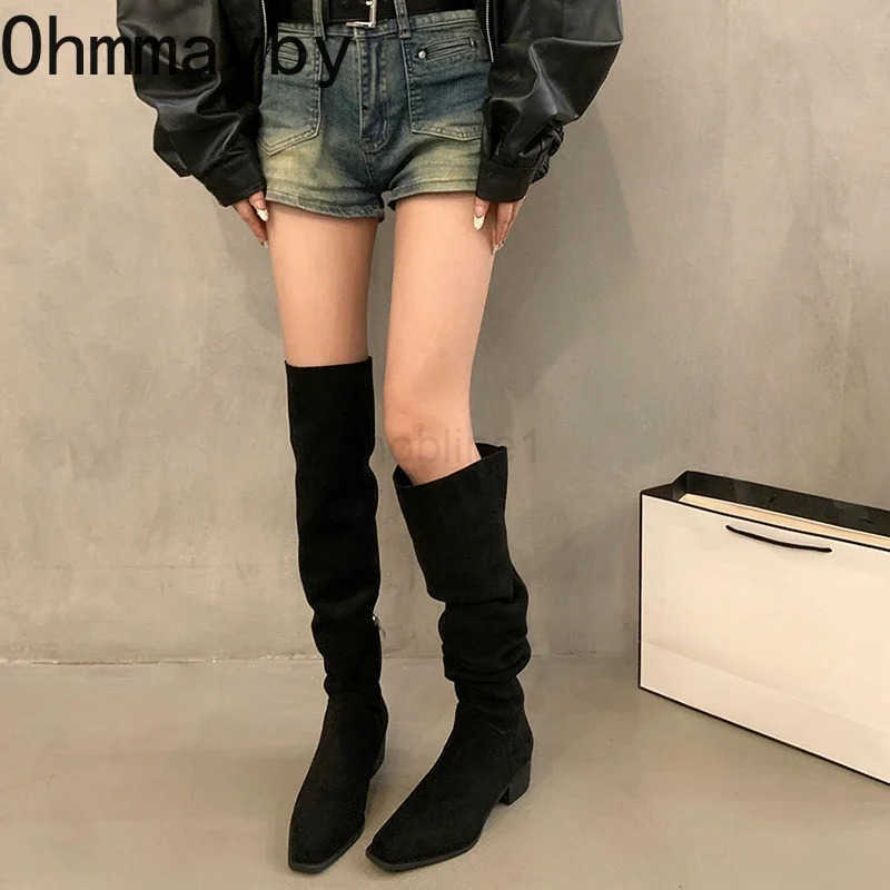 Designer Square Heel Streh Wen Over The Knee High Boots Autumn Winter Ladies Concise Long Botas De Mujer Z250304