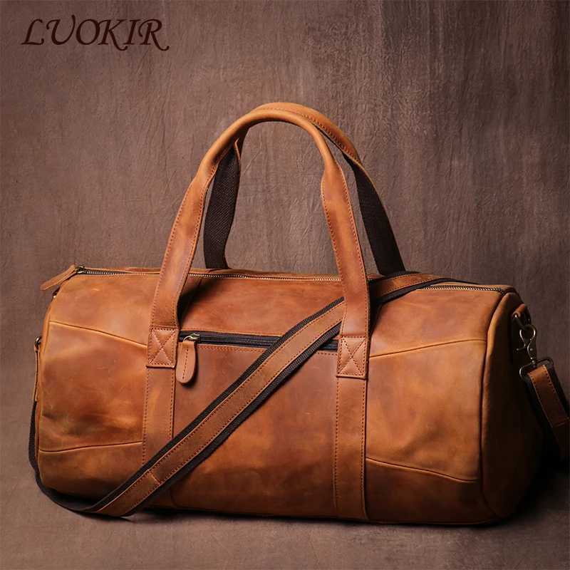 LUOKIR Luxury Genuine Leather Travel Bag Vintage Crazy Horse Cowhide Shoulder Luggage Bag Men Casual Handbag Weekend Duffle Bag Y250304