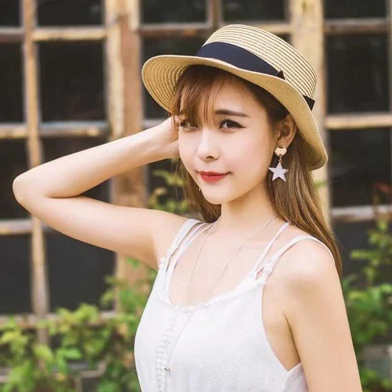 Bowknot Str Sun Hat Women Summer Beach Hat Girls Ribbon Round Flat Top Hat for Women Cs for LadiesXJ250304