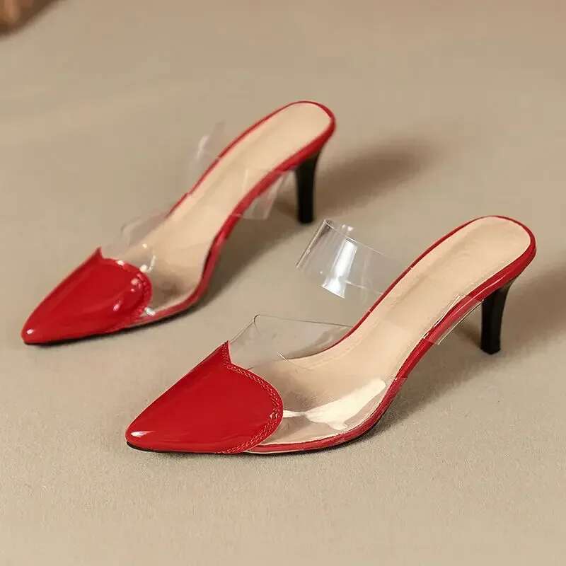 Pointed Toe FHC Slippers,High Heeled Summer Shoes,Transparent PVC Slides,Outside Wearing,Slip On,Black,White,Red,35-40,Dropship