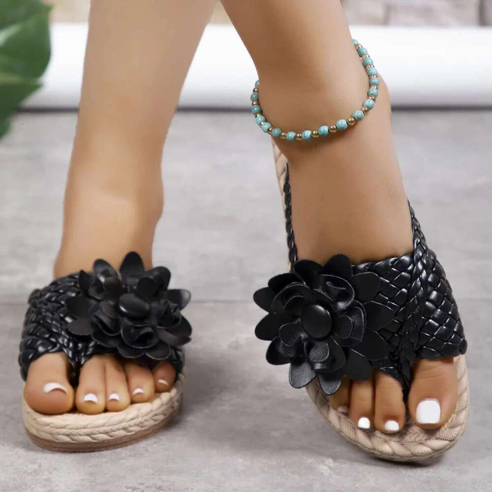 Braided Summer ral Flat Slippers Classics Solid PU Leather Women Non Slip Flip ps Soft Comfortable Beach Sandals Femme