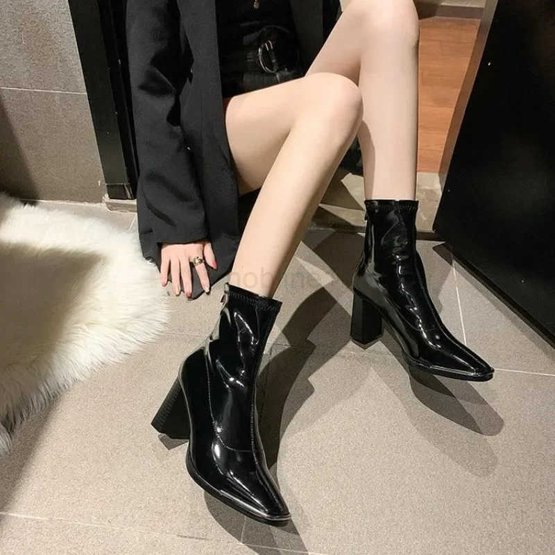 Wens Square Toe Short Boots Fionable Elastic Zipper Boots Autumn Winter Outdoor High H Motorcycle Shoes Black Botines Z250304