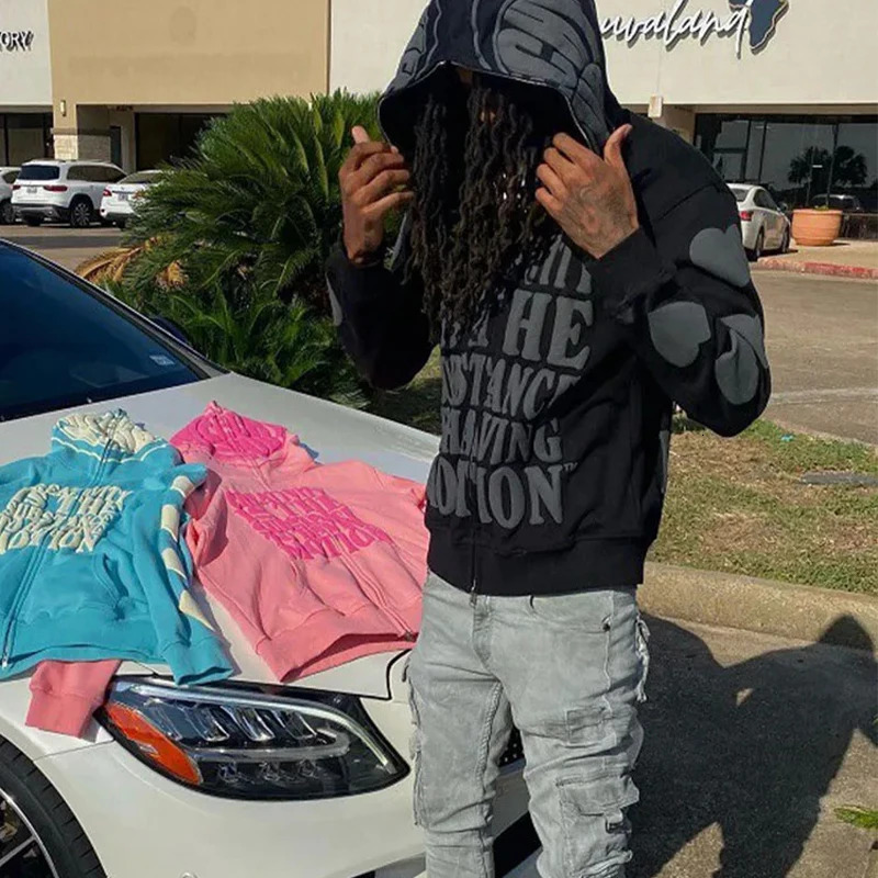 Y2K Clothes Foam Printed High Street Hip-Hop Loose Zipper Hoodie Men Gothic Harajuku Casual Street Oversized Sweatshirt Unisex 250303