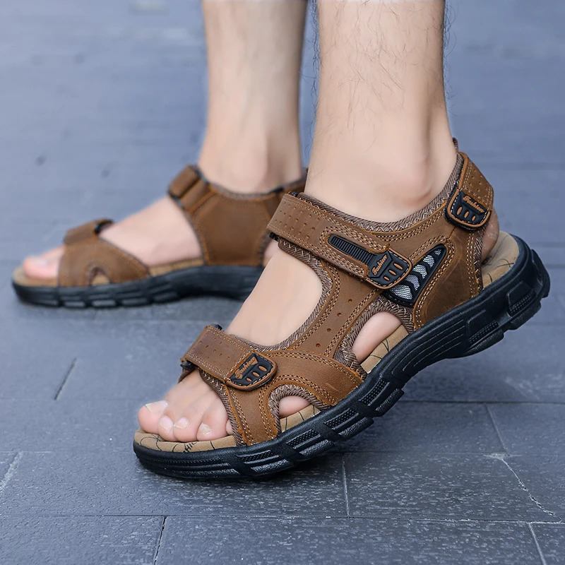 Classics Mens Sandals Summer Genuine Leather Sandals Handmade Outdoor Mesh Men Footwear Soft Breathable Metal Leather Slippers 250303