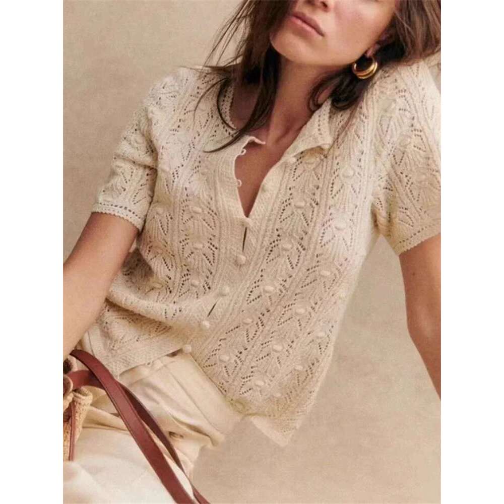 2025 New Women Short Sleeve Sweater Hollow Out Single Breasted Casual Female Elegant Knit Cardigan Top