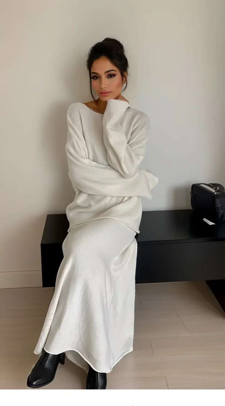 Hirsionsan Sexy Soft Elegant Vintage Women Suits 2 Pieces Female Sets Slash Neck Sweater & Midi Dress OL Style Knitted Tracksuit