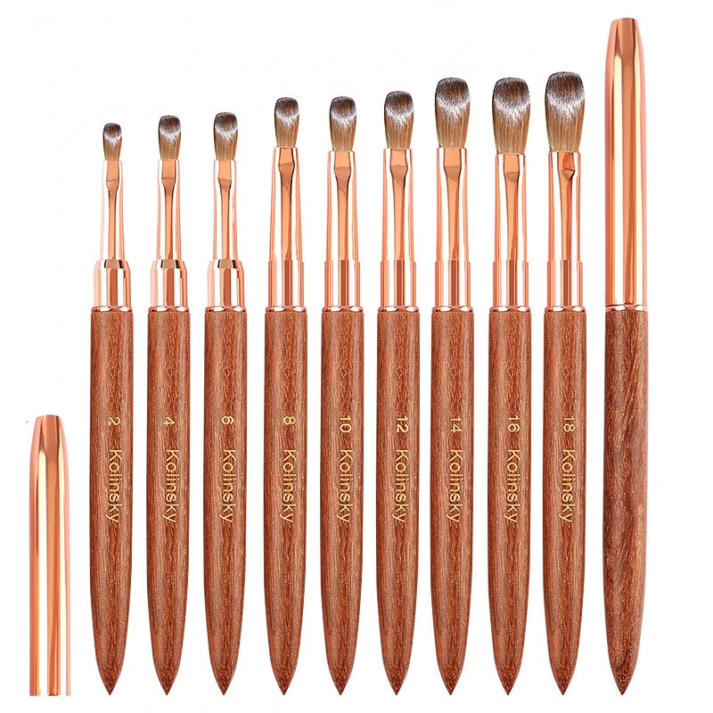 100% Kolinsky Acrylic Nail Brush with Rose Gold Sandalwood Crimped Handle for Acrylic Powder 3D Nail Salon Size 2-18 250304