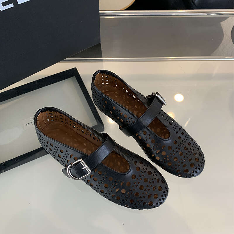 2024 Spring and Autumn New Fashionable Versatile Ballet Hollow Breathable Small Leather Shoes for Women Round Headed Shallow Mouth Flat Bottom Jumping