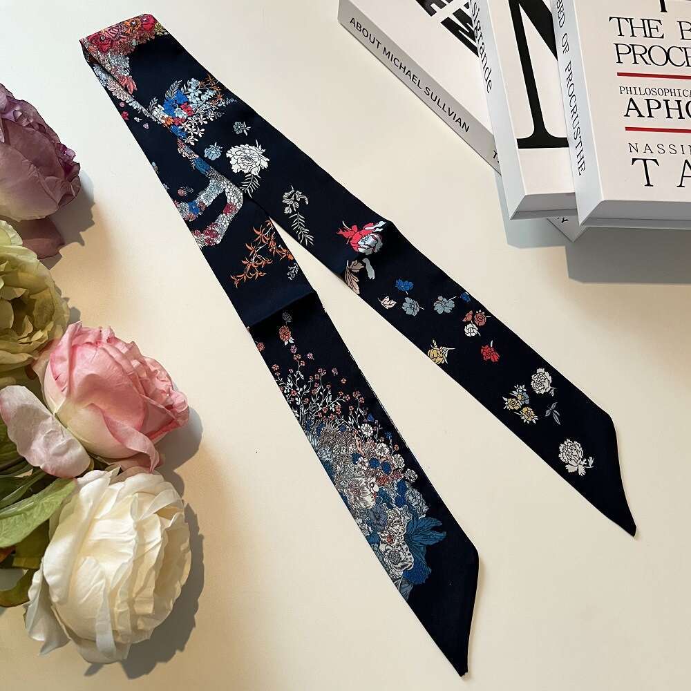 2024 New Narrow Summer Thin Women's Small Strip Clear Flower Clothes Silk Leisure Scarf Dual Use