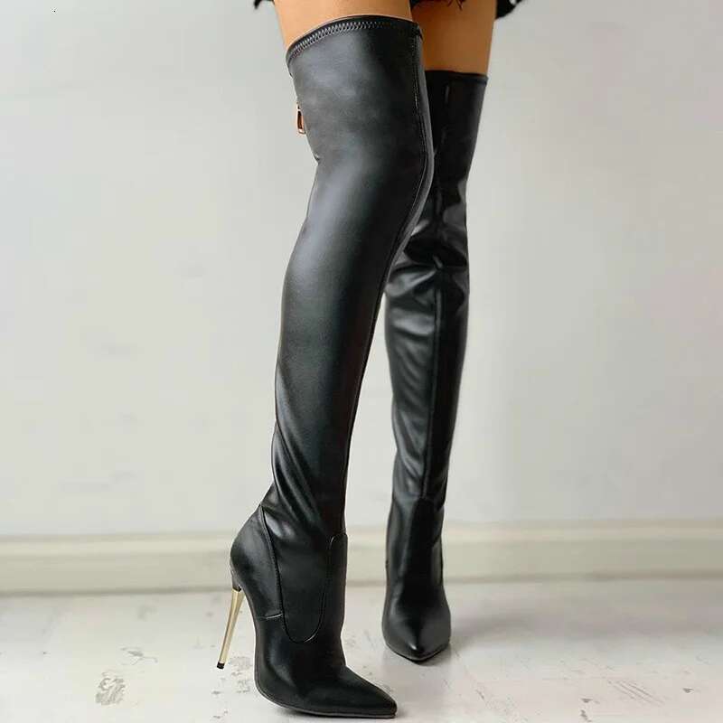 41-46 Big Size Black Women's Fashionable Solid Color Thin High Heel Metal Back Zipper Over Knee Boots For Women