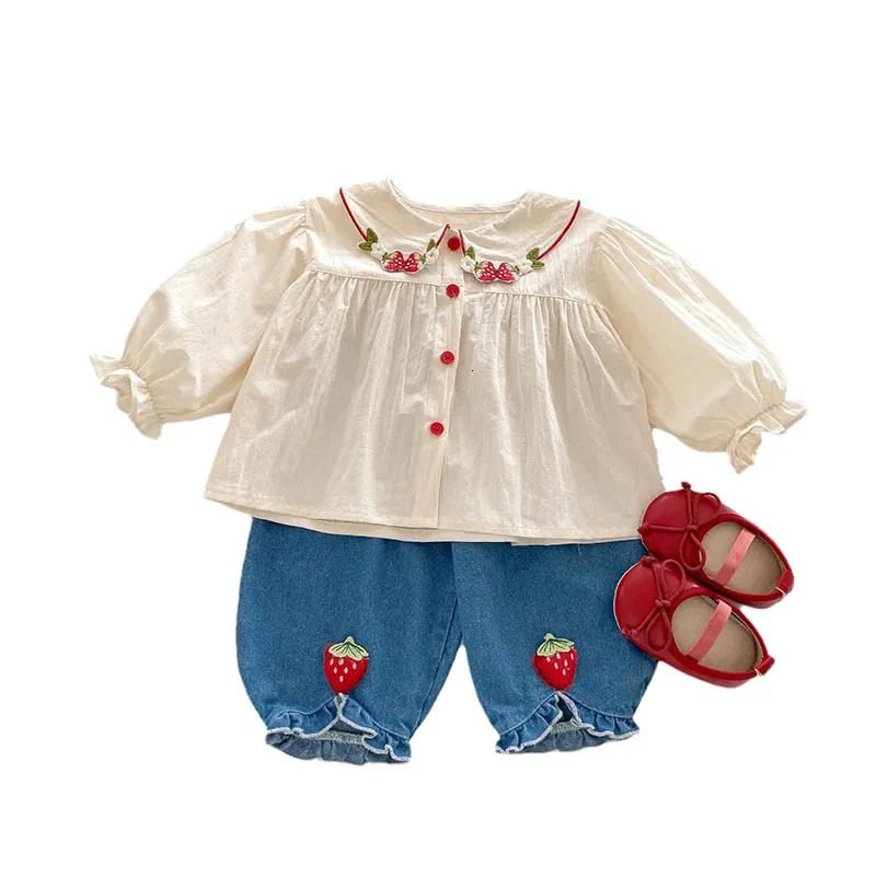 Milancel Spring Girls Clothing Set Childrens 0-5T Embroidered Strawberry Shirt Jeans Childrens Clothing 250304