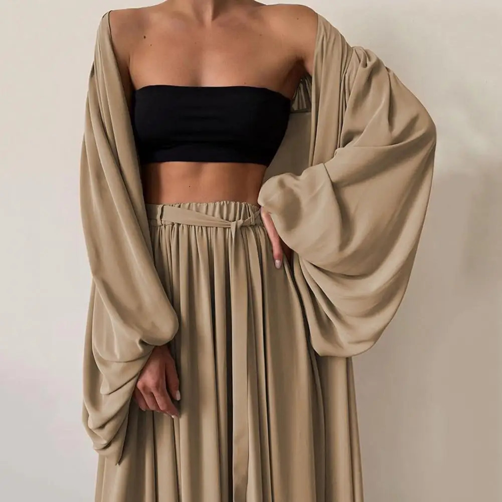 Fabulous elastic waist lantern sleeves wide leg womens autumn set long sleeved jacket pants 250225