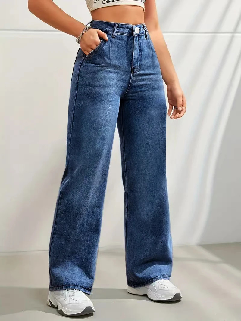 Womens solid color trendy element wide leg jeans 250227