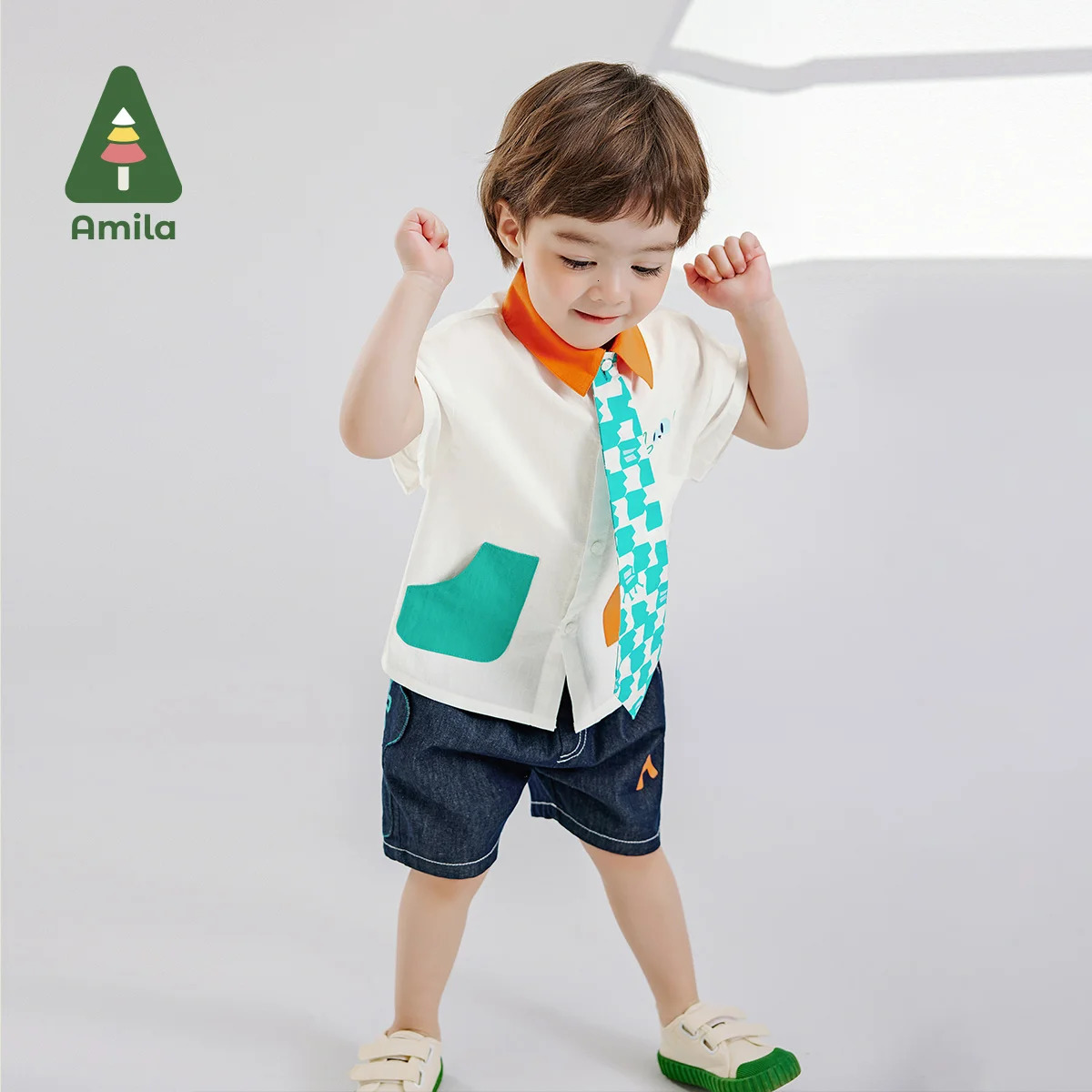 Amila Summer Boys Bottom Soft Denim Patchwork Cartoon Cat Dark Blue Boutique Breathable Quarter Pants 0-6Y 250304