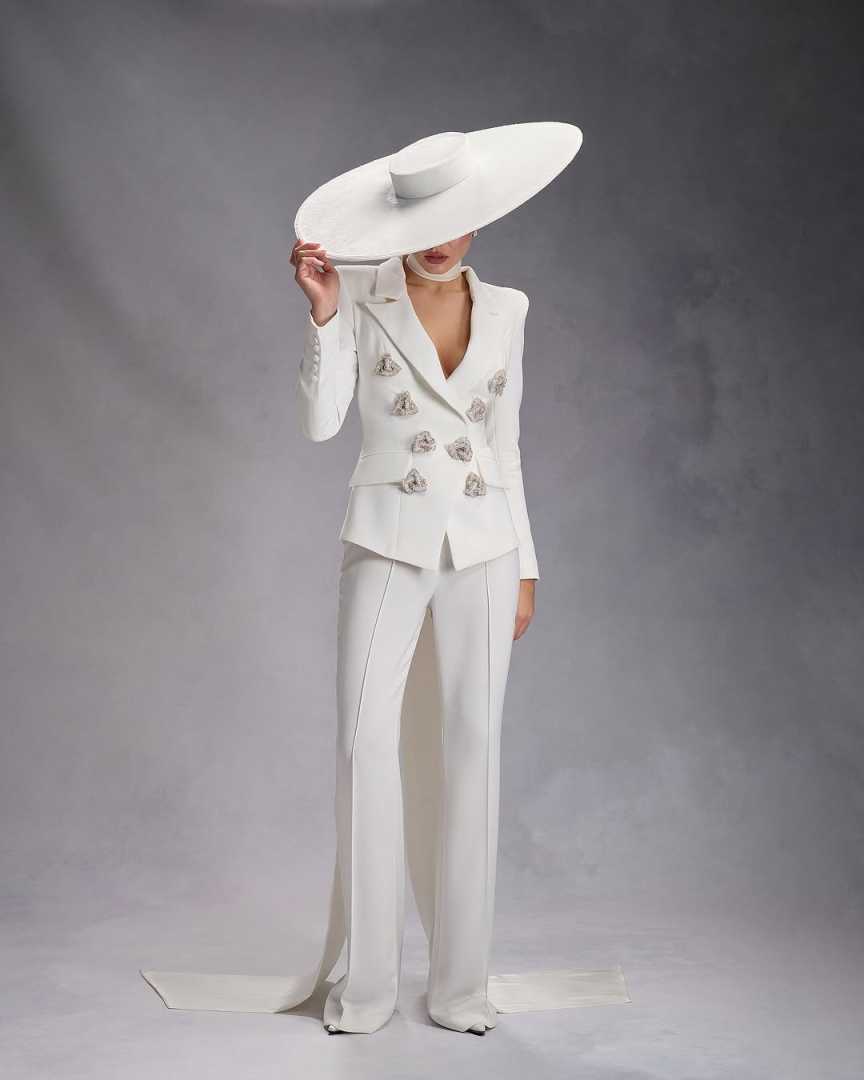 3D Flowers Women Blazer Sets Ladies Double Breasted Formal Birthday Party Wear 2 Pieces Jacket Pants Suits Customized Coat