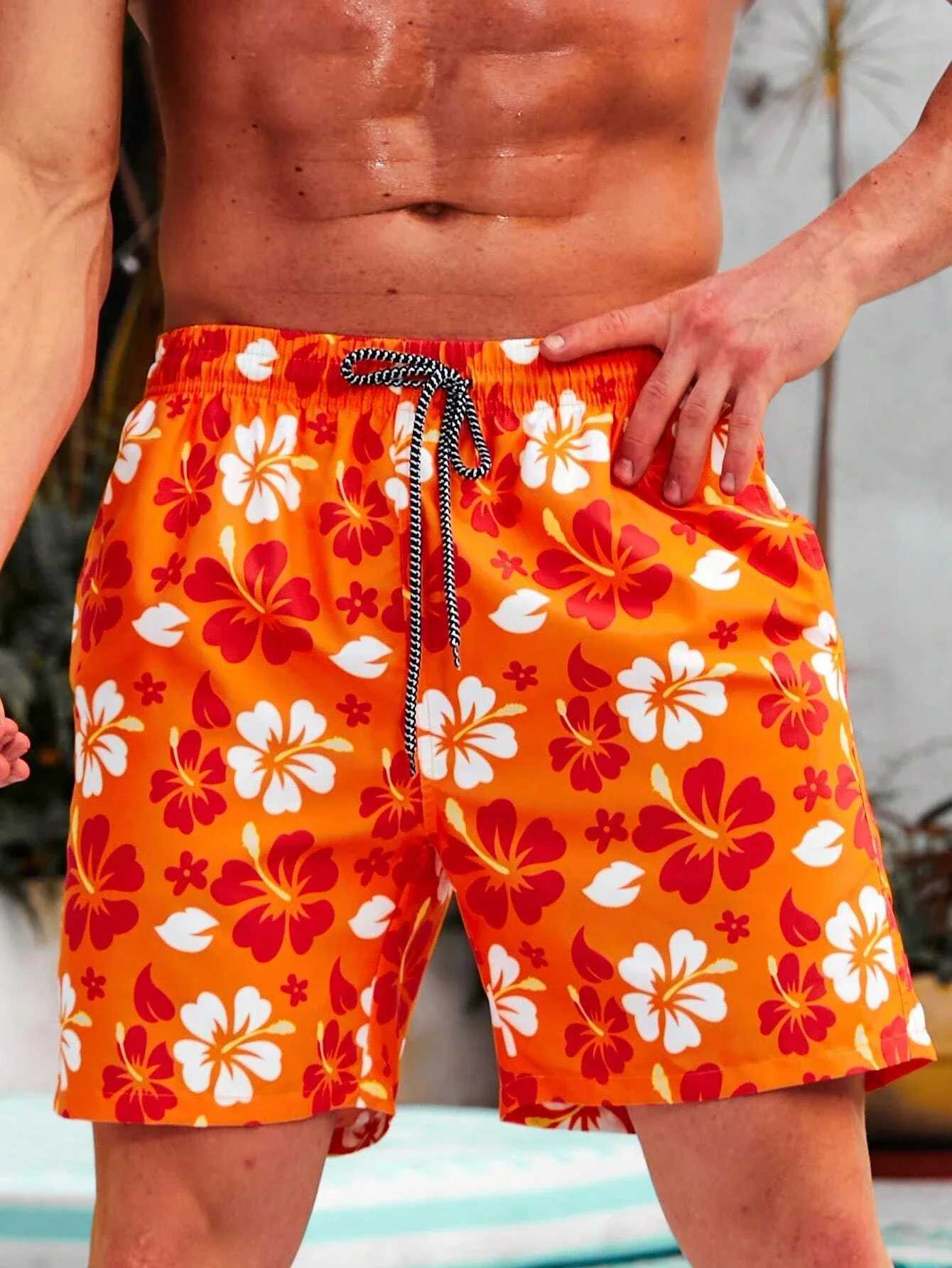 Floral Print Drawstring Mens Beach Short Mens swim Trunks Elastic Waist 3D Print Gradient Breathable Short Streetwear PolysterT250304